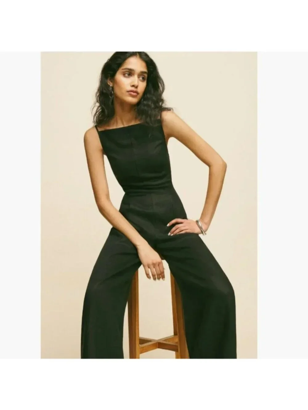 $228 Reformation Ciara Wide-Leg Black Linen Jumpsuit Sz 4 Black 100% Linen